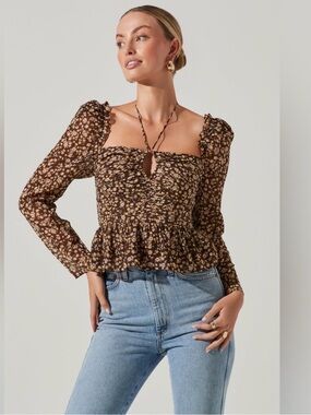 Astr Brown Floral Smocked Peplum Ruched Blouse